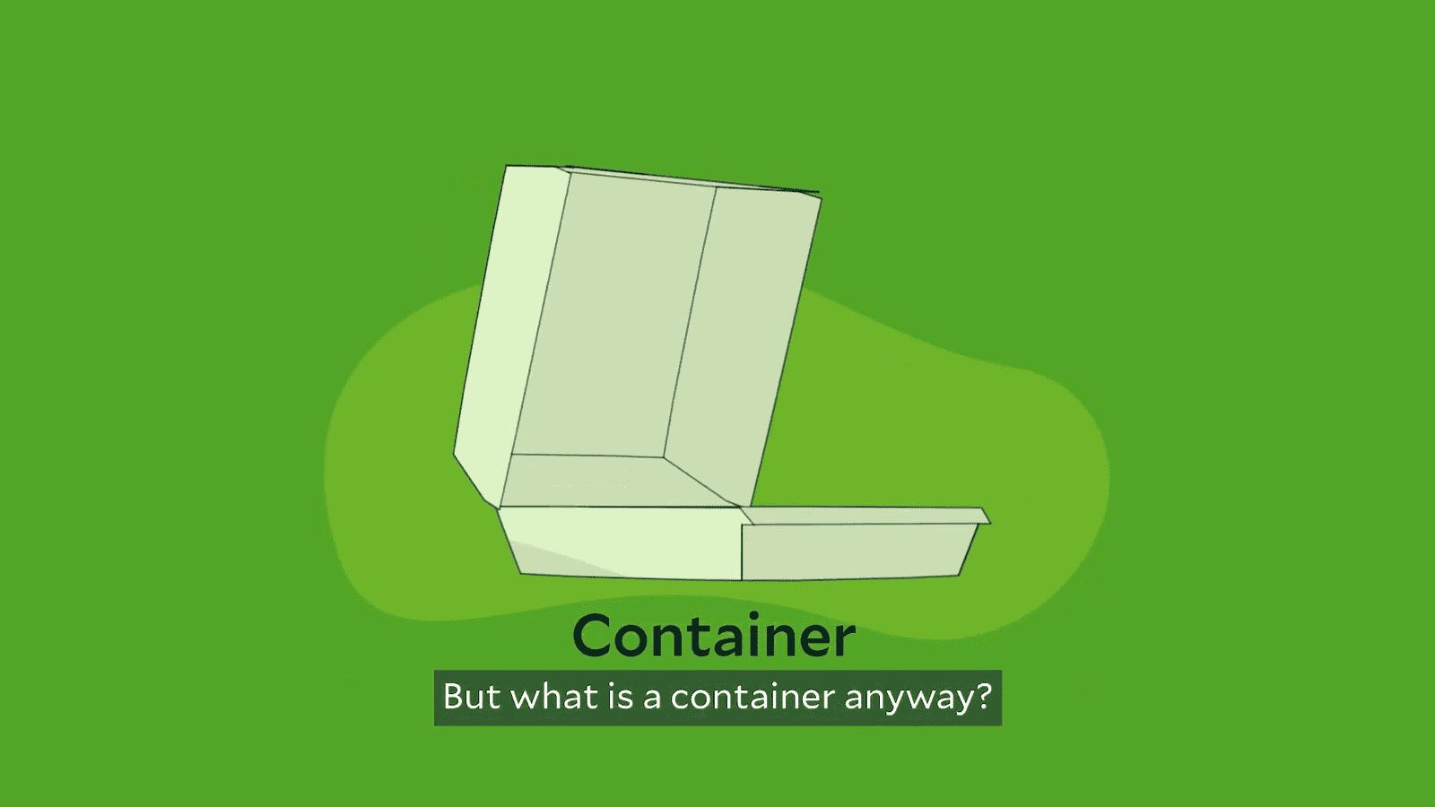 Cartoon takeout box on a green background, captioned 'Container: But what is a container anyway?'