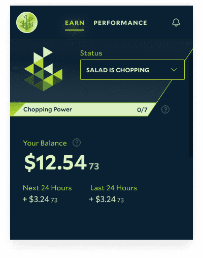 Salad app Earn tab reading 'Salad is Chopping', with a Chopping Power meter at 0/7 and a $12.54 balance