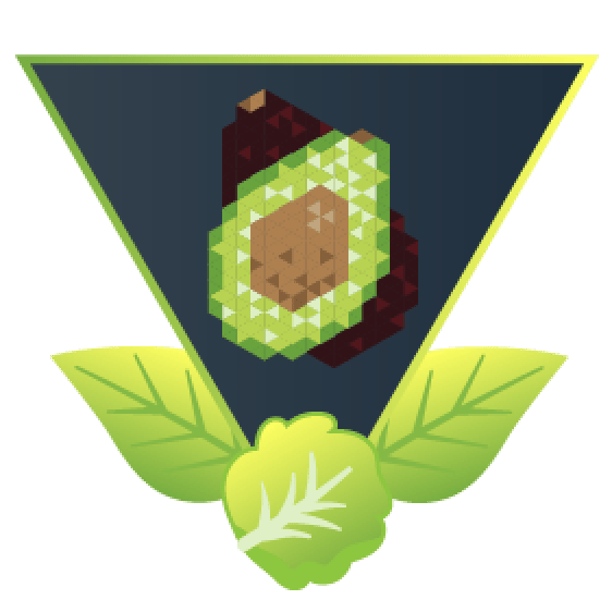 Avocado achievement badge: a halved pixel-art avocado with its pit, framed by green leaves and a lettuce head