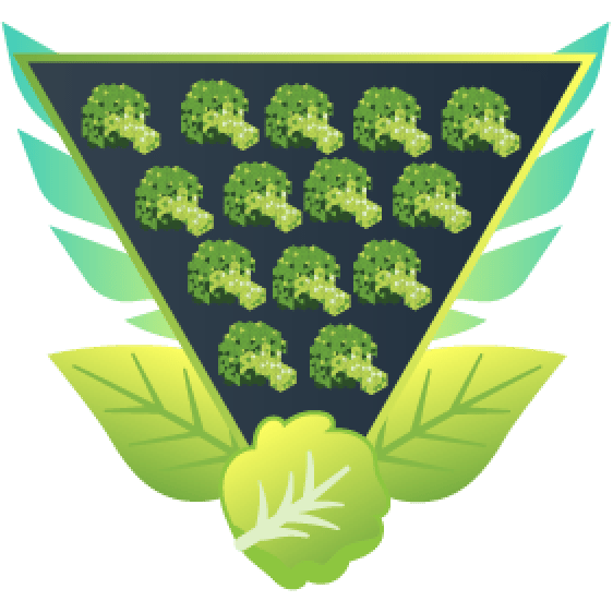 Winged pixel-art achievement badge stacked with broccoli florets, framed by green leaves and a lettuce head