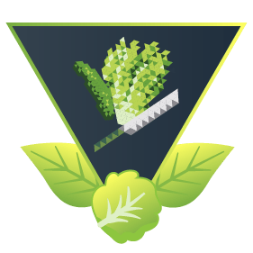 Retro pixel-art achievement badge of a chef's knife slicing through lettuce beside a cucumber