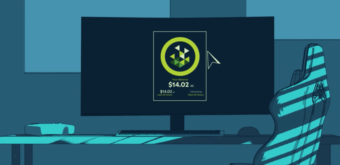 Gaming desk with a monitor showing the Salad app, a $14.02 balance, and $14.02 earned in the last 24 hours