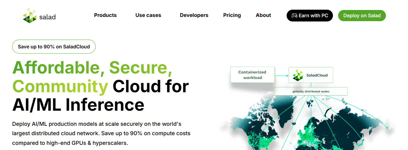 salad.com homepage pitching SaladCloud as an 'Affordable, Secure, Community Cloud for AI/ML Inference', with an 'Earn with PC' button in the header