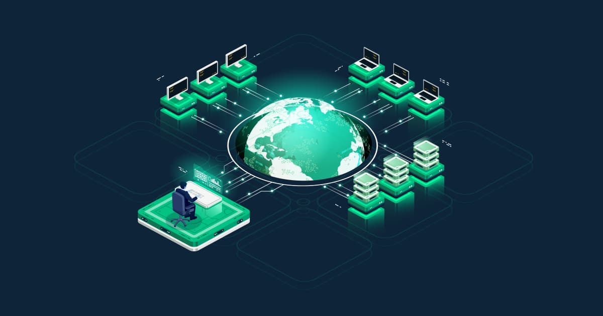 Isometric illustration of desktops, laptops, and servers linked to a glowing green globe in a distributed computing network