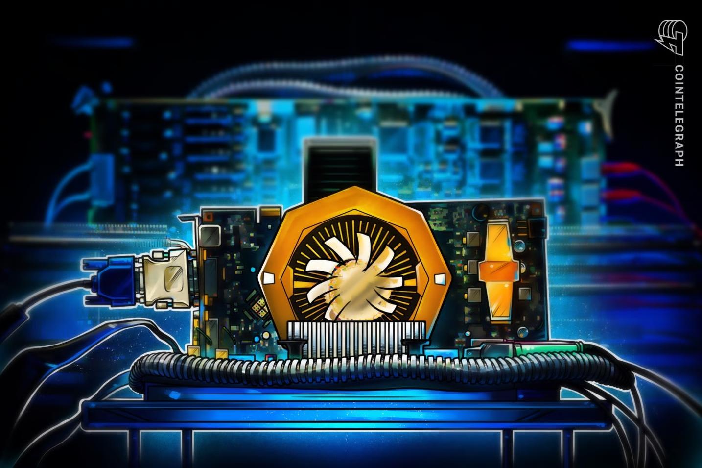 Illustration of a graphics card whose cooling fan sits inside a gold coin, glowing against a blue circuit board