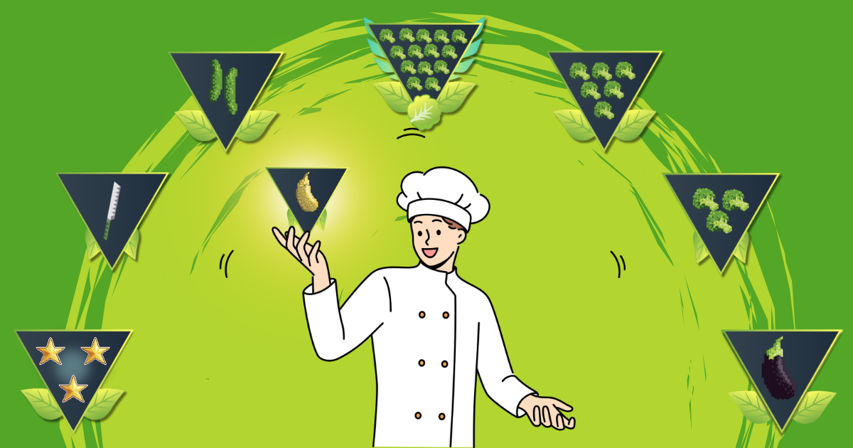 An enterprising chef triumphantly holds his latest achievement badge from Salad high, while a ring of his collected achievements surrounds him like a leafy green halo.